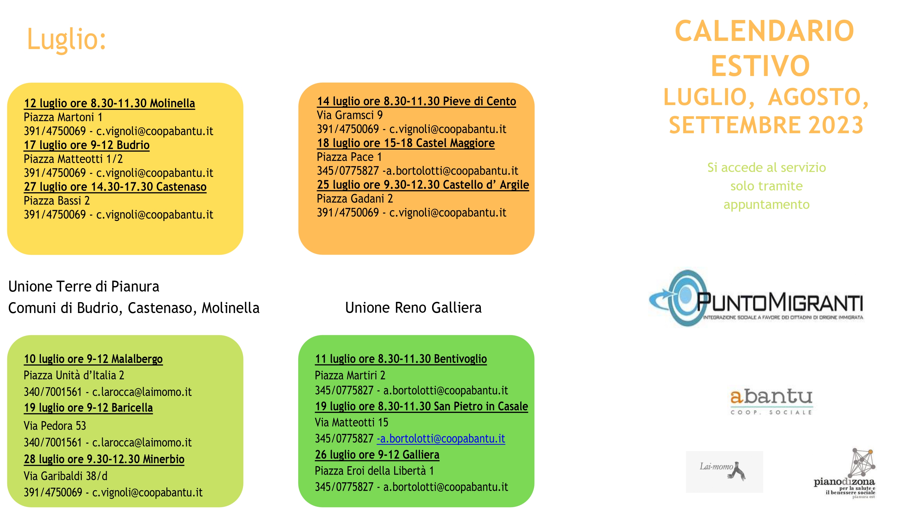 Calendario sportello migranti estate 2023