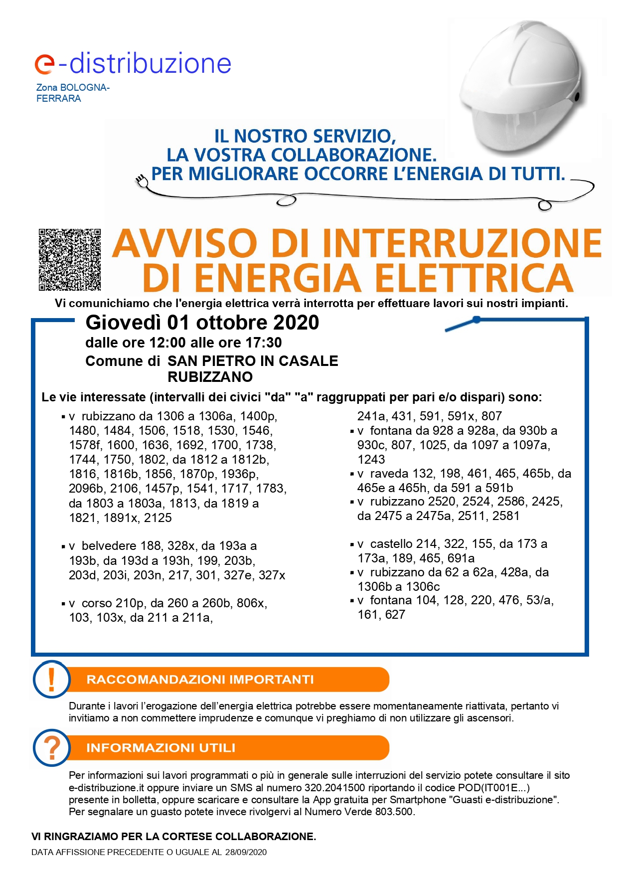 Interruzione elettricità 1 ottobre 2020