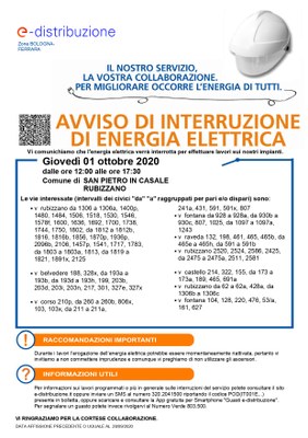 Interruzione elettricità 1 ottobre 2020